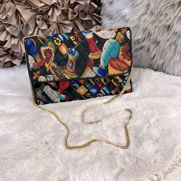 Vintage Nicole Miller Quilted Multi Jewel Tone Satin Absolut Chain Crossbody Bag